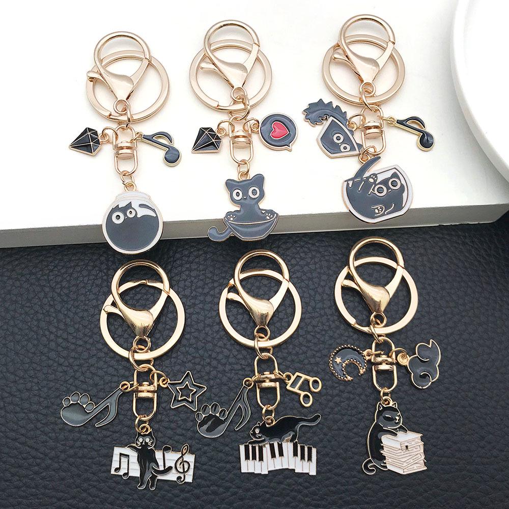 Dripping Oil Cartoon Black Cat Keychain Pendant: Cute Zinc Alloy Backpack Ornament In 6 Styles
