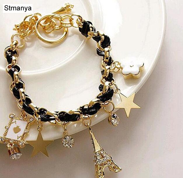 NEW Fashion Rope Chain Decoration Bracelet For Girl multicolor Eiffel Tower star poker Pendant Bangle Wholesale #18040