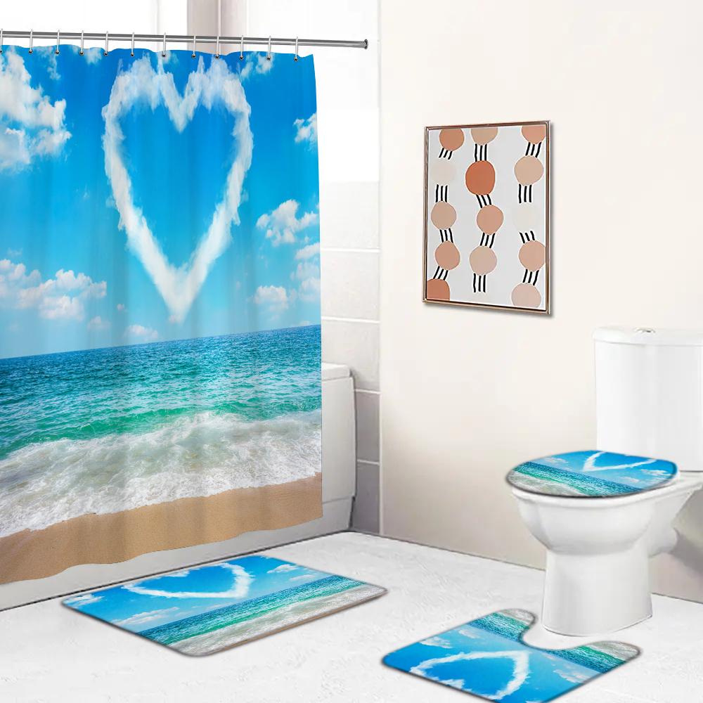 Seaside Scenic Beach Bath Curtain Sea Ocean Print Shower Curtains Bath Mat Set Polyester Waterproof Toilet Rugs Anti-Slip Carpet