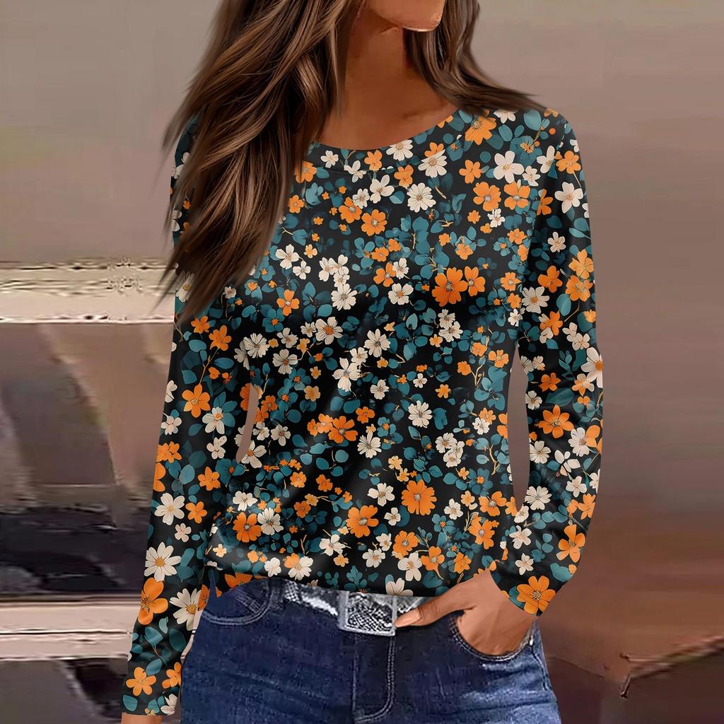 Women's Fashion Casual Slit Hem Round Neck Long Sleeve Loose Printed T-Shirt Ladies Top