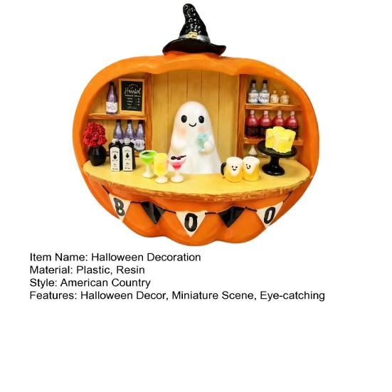 Small Halloween Ornament Ghost Bartender Pumpkin Figurine, Mini Bar Scene Coffee Lighted Tabletop Decoration for Living Room, Entryway, Mantel, Table,