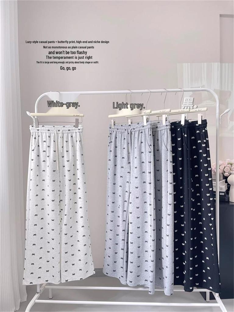 Petite High Waist Wide Leg Bow Print Pants - Spring/Autumn