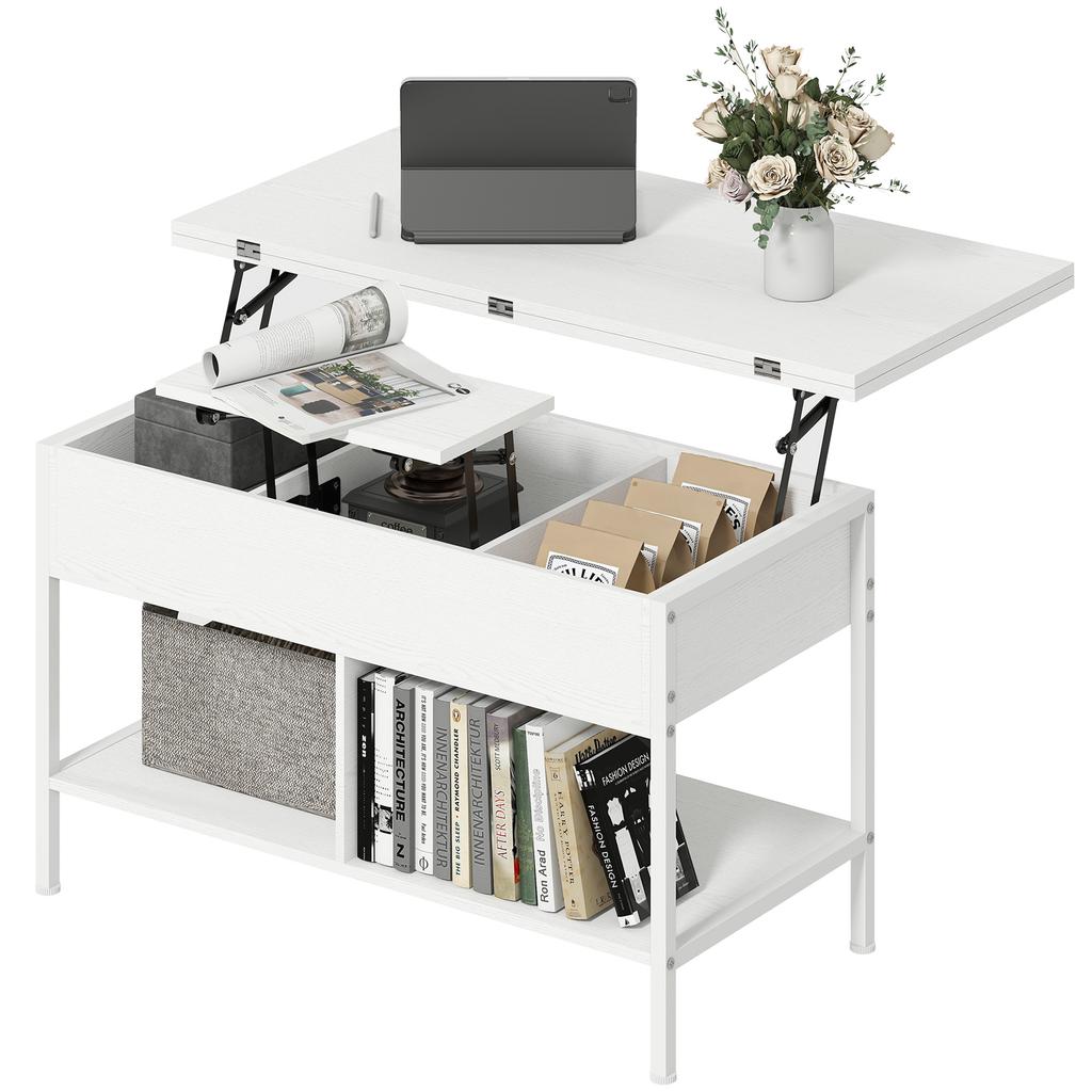 Lift Top And Extendable Coffee Table Living Room Table With Hidden Compartment Open Shelves 98x49x55cm White