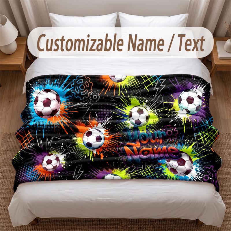 Soccer Theme Soft Blanket Personalized Custom Name Text Print Warm Blanket Home Sofa Bedroom Decor