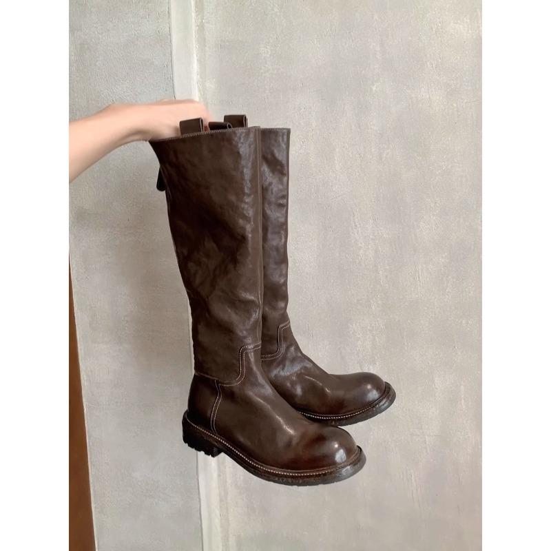 ! Shoes Retro Washed Horse Leather Versatile and Thin Zipper Thick Heel Platform Knight Boots