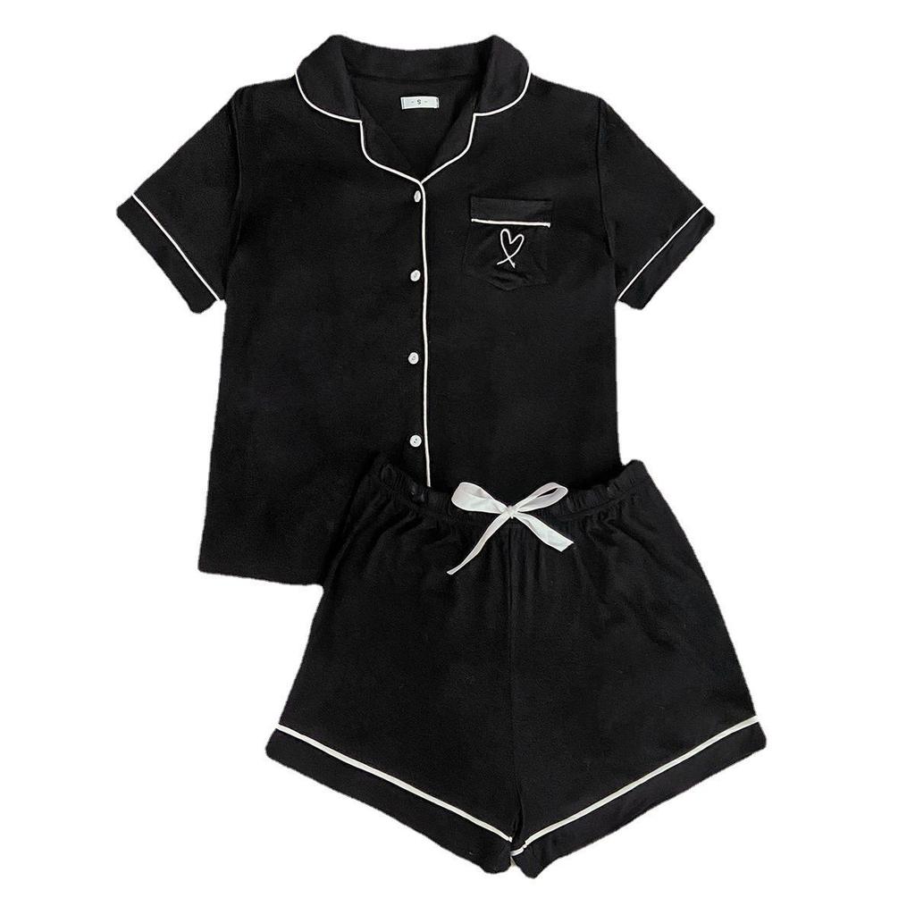 European and American Summer Pajama Set: Women's Cardigan, Short Sleeve Shirt, and Shorts