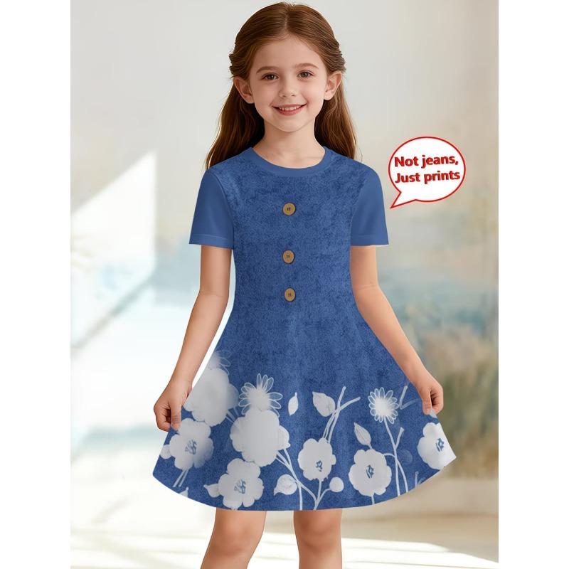 Dress for Girls Fashion Cowboy Print Fake Two-Piece Set Short Sleeve Summer Dresses Casual Round Neck A-Line Dress Girl Clothes