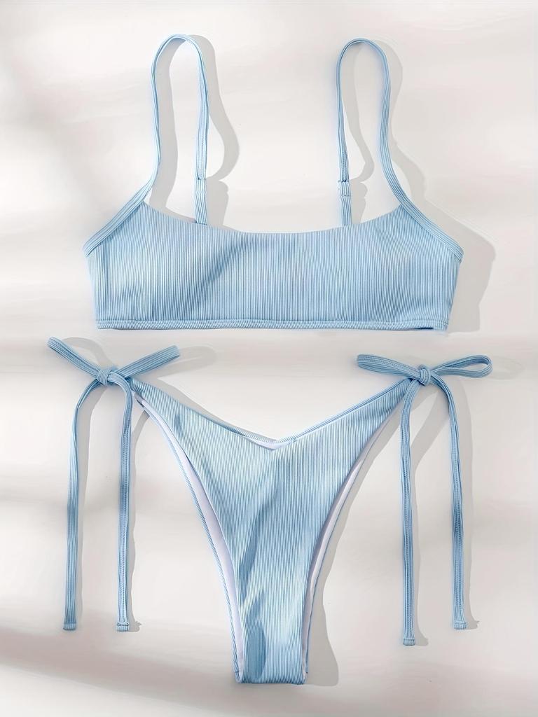 European & American Tie-Up Bikini Set: Sexy Solid Color Ribbed Swimsuit for Women