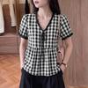 ZANZEA Women Summer Casual V-Neck Plaid Print Short Sleeve Blouse