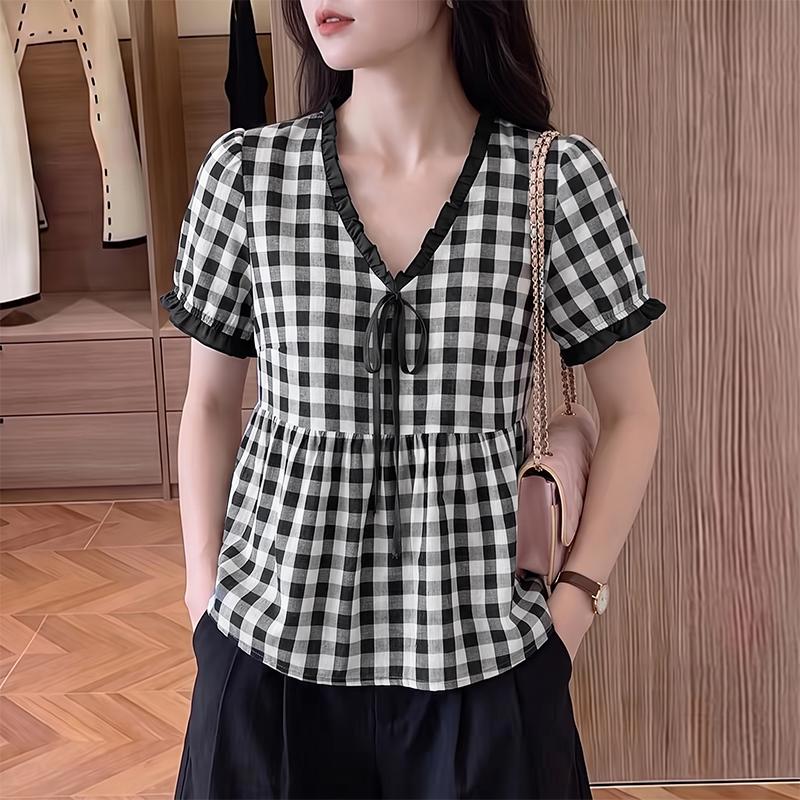 ZANZEA Women Summer Casual V-Neck Plaid Print Short Sleeve Blouse