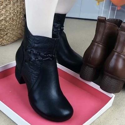 Fleece Mid-heel Women's Boots, Soft Leather, New Autumn and Winter Thick-heeled Shoes