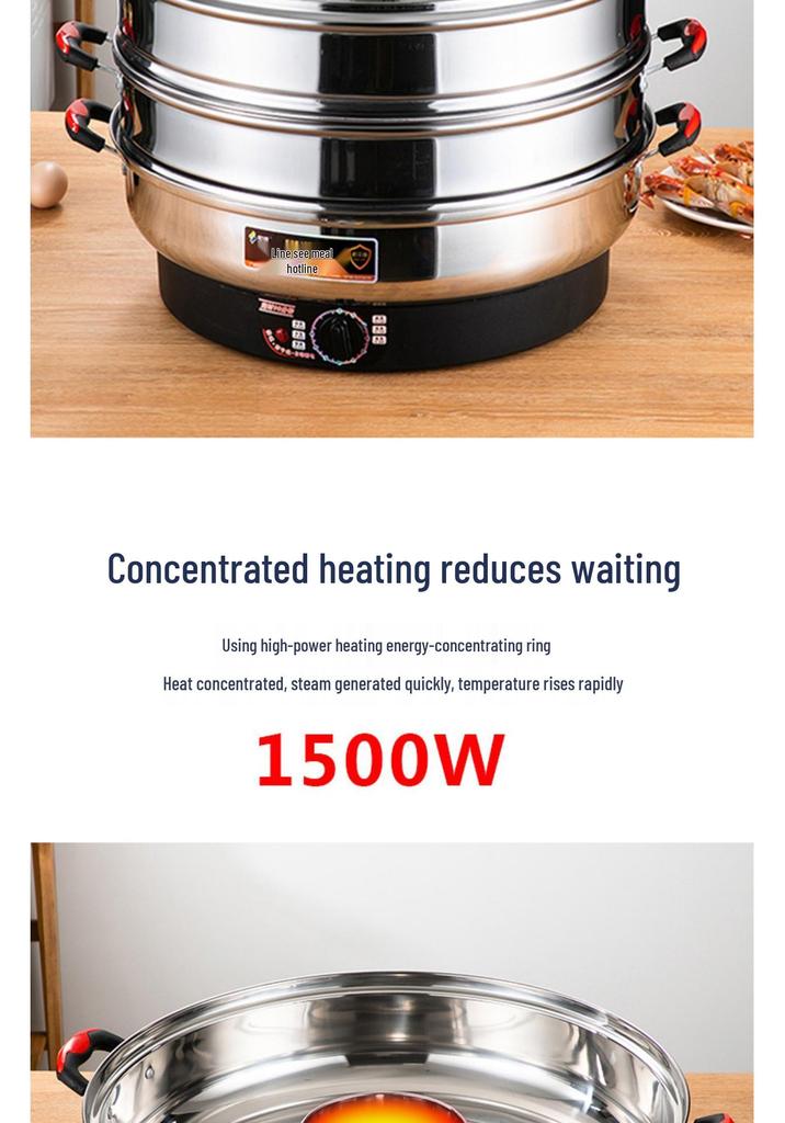 52cm Multifunctional Electric Steamer with Auto Shut-off, Keep Warm Feature, Stainless Steel, Three Layers