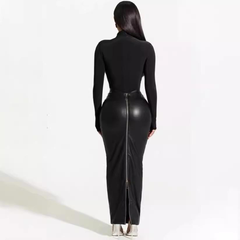 M Damen langer Rock PU-Rock, Herbst und Winter Neu Schwarz Hüftumschlag und dünnes Reißverschluss-Design