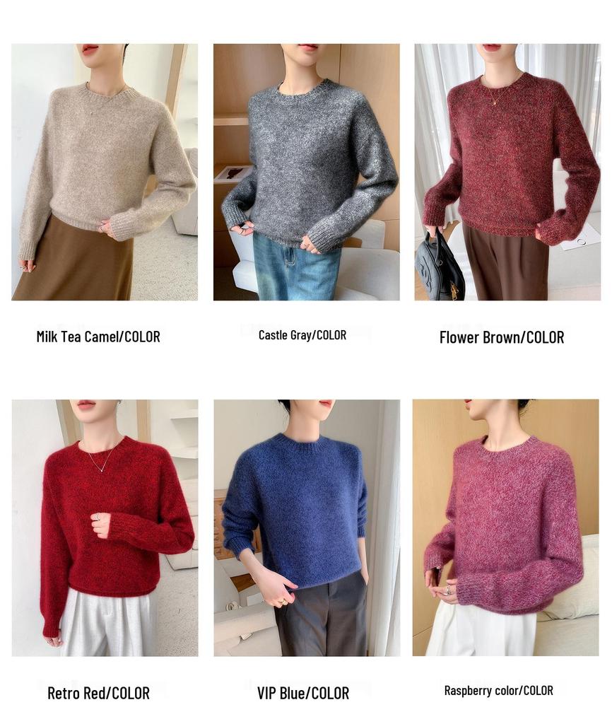 Women's Heather Yarn 100% Wool Round Neck Knit Pullover - Seven-Stitch, Long Sleeve, Lazy Style Base Layer