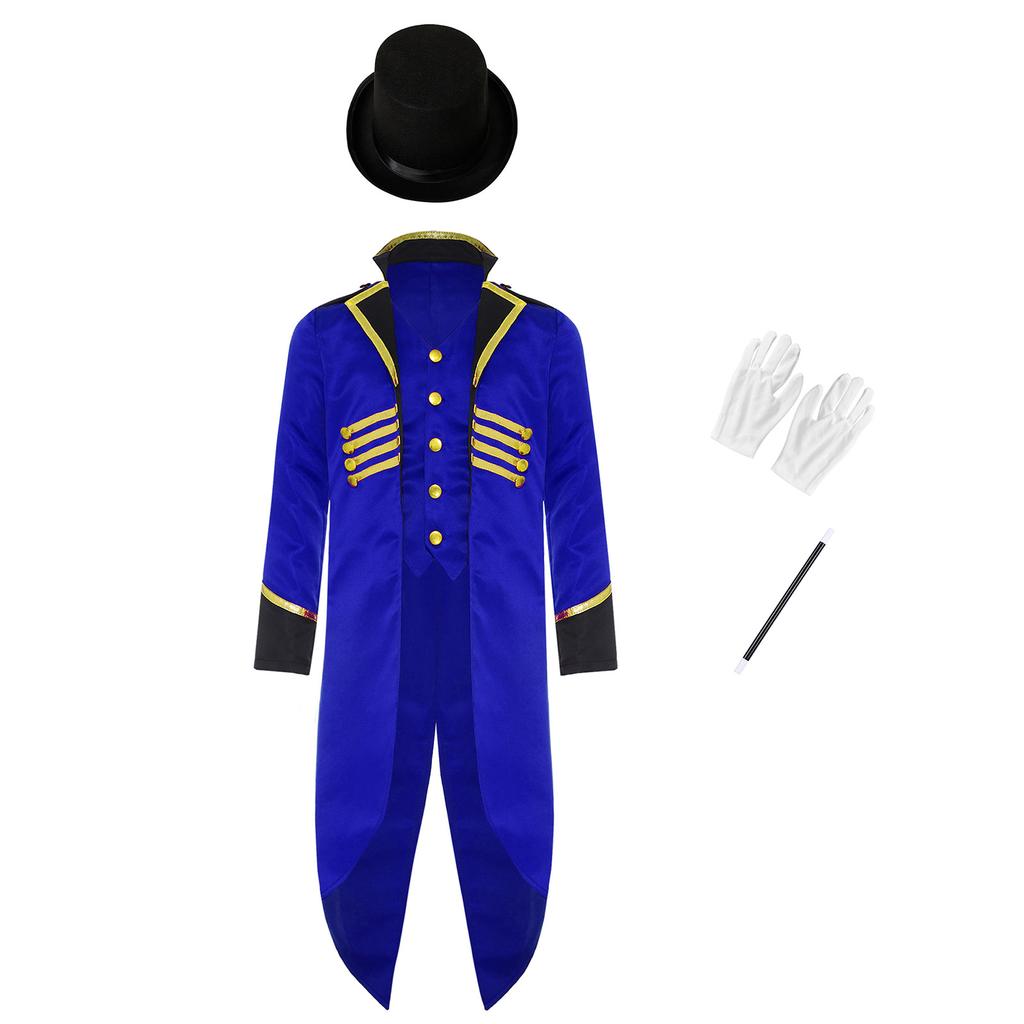 Dětský viktoriánský steampunkový kostýmový set Čtyřdílný smokingový frak s cylindrem, rukavicemi a kouzelnickou hůlkou Maškarní