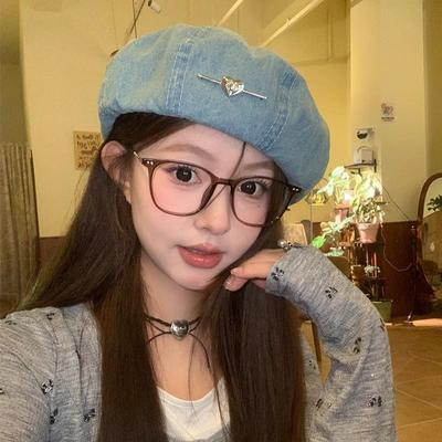 Women's Japanese Denim Heart Beret - Sweet & Versatile Octagonal Painter’s Hat for Large Heads