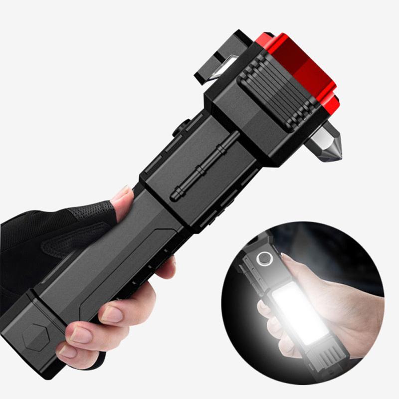 Flashlight Usb Rechargeable Torch Light With Hammer Knife Power Bank Cob Led Work Light For Outdoor
