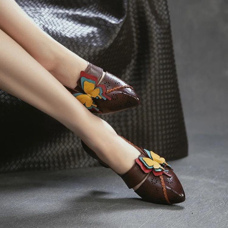 Johnature Retro High Heels Genuine Leather Shallow Commuter Versatile Women's Shoes