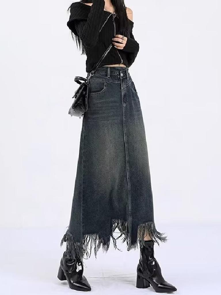 Retro dżinsowa spódnica A-line dla kobiet modna spódnica midi z wysokim stanem z frędzlami odzież w stylu koreańskim wiosna jesień