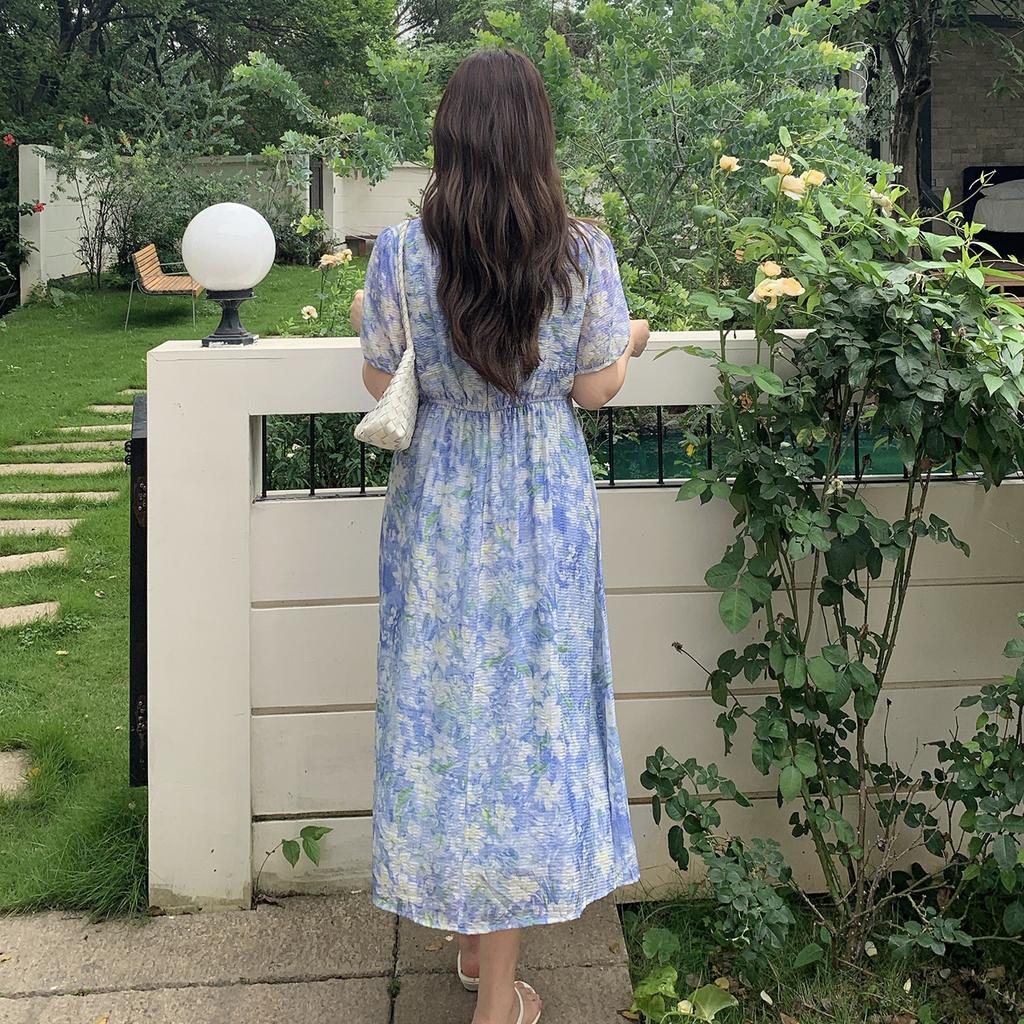 Large size women's clothing French square neck oil painting style floral dress waist thin medium and long skirt 262590