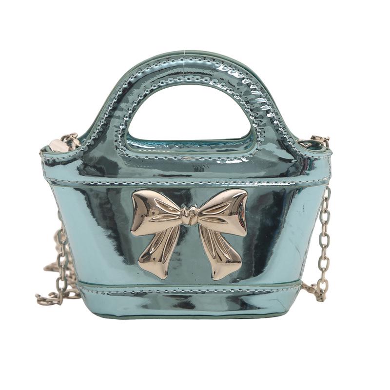 2024 Shiny Patent Leather Mini Basket Crossbody Bag with Laser Chain for Kids and Women