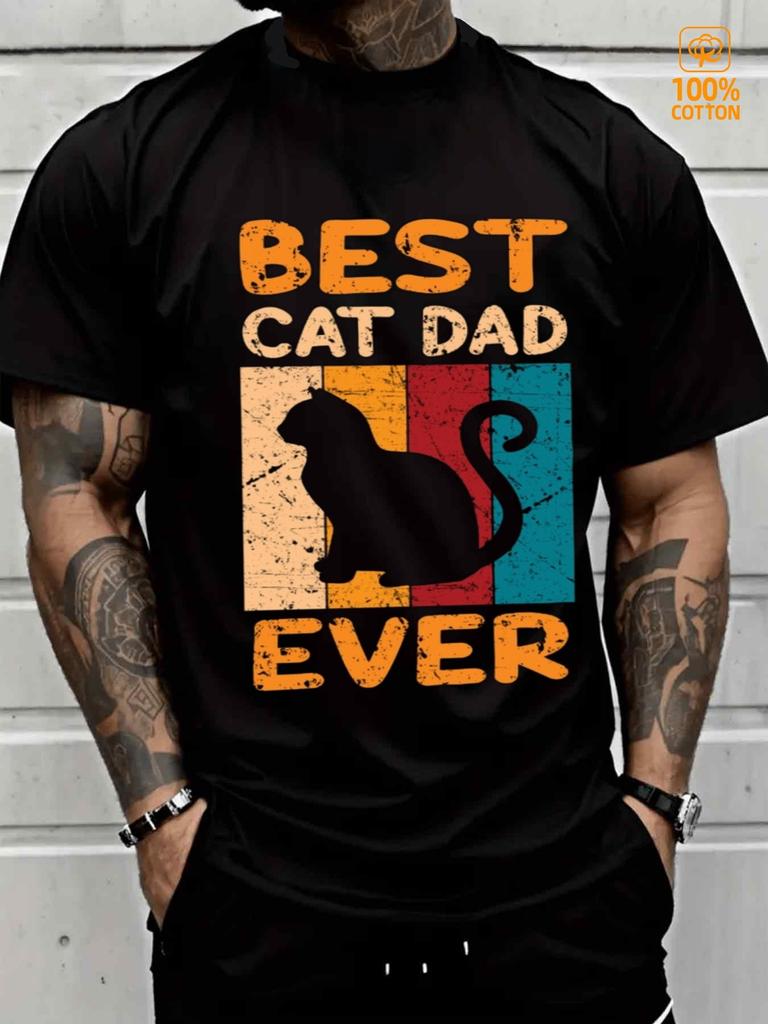 Cat Dad Ever Retro Cat Dad Lettering & Paw Print T-Shirt 100% Cotton O-Neck Short Sleeve Summer