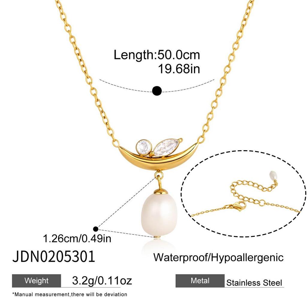 18K Gold Stainless Steel Necklace with Zircon and Pearl Pendant for Women - Everyday Versatile Style