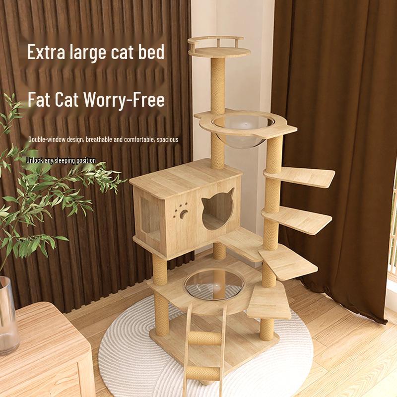 Solid Wood Multi-Layer Cat Condo with High Jump Platform & Sisal.