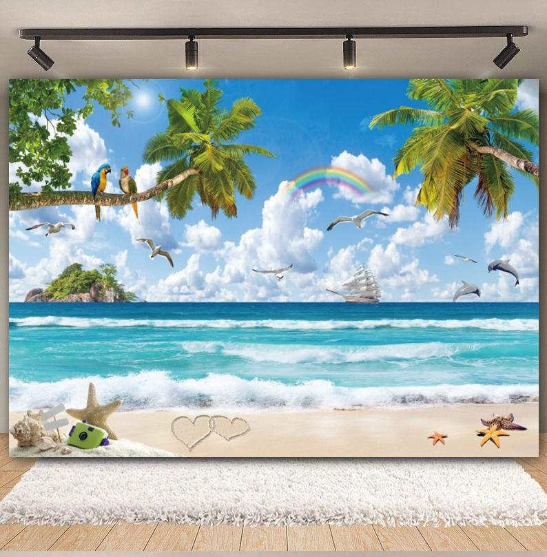 Tropischer Strand Hintergrund für Fotografie Sommer Hawaii Blaues Ozeanwasser Meeresufer Palme Kinder Feiertagsparty Foto Hintergrund Dekoration