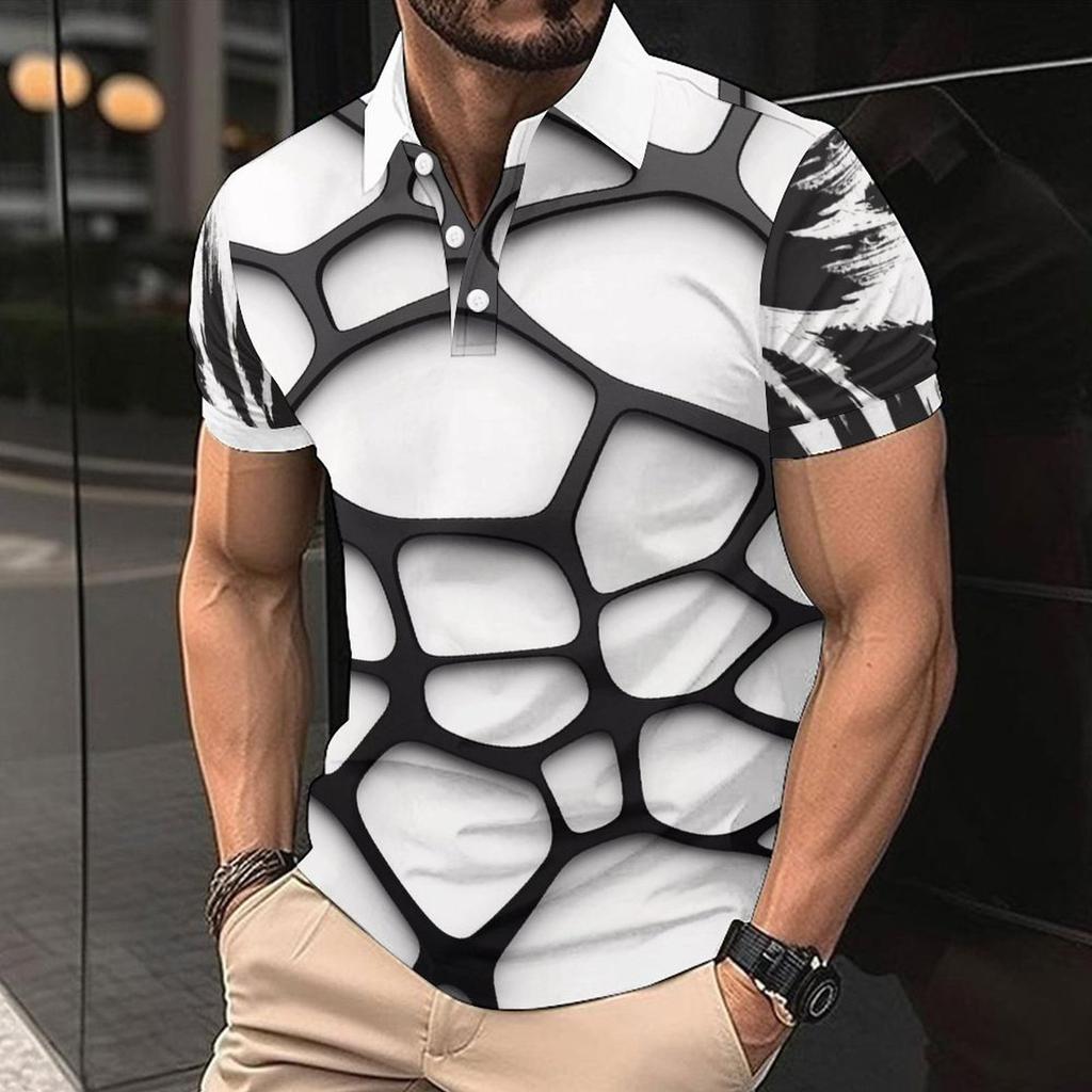 Trendy short-sleeve polo shirt with abstract line print, perfect for casual daily wear.
