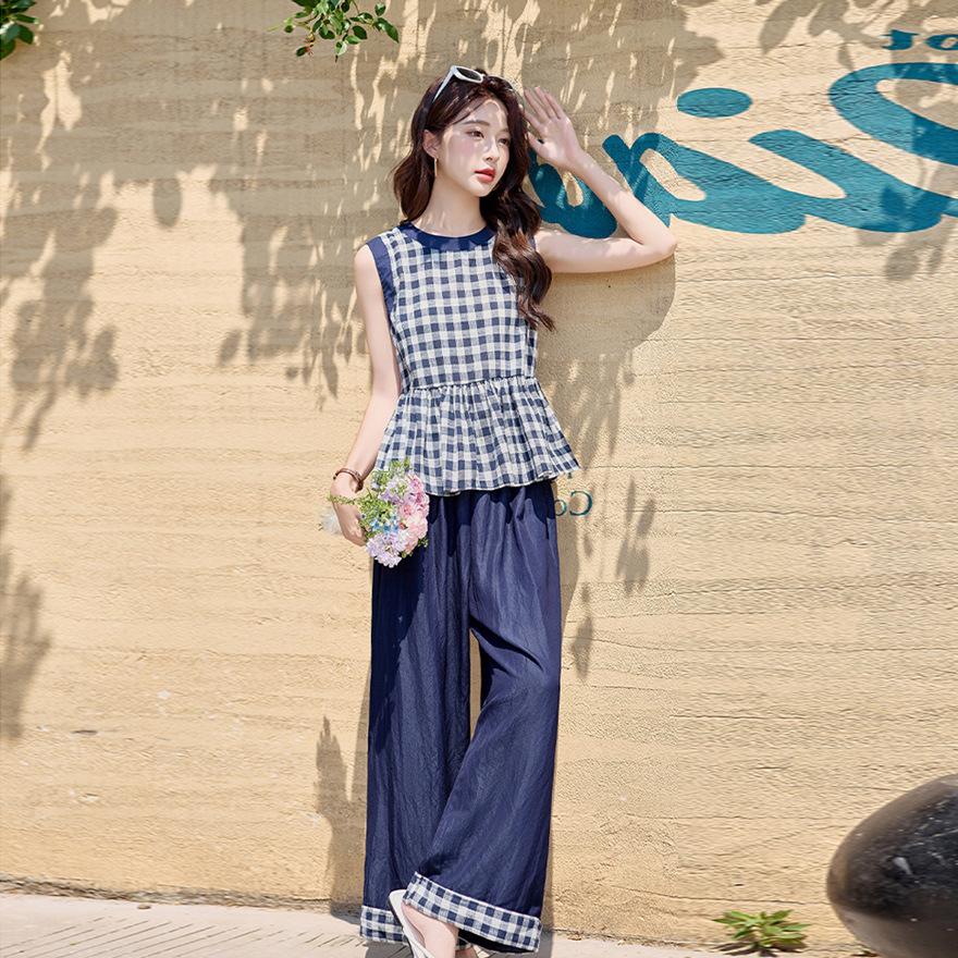 

Повседневный клетчатый жилет без рукавов и брюки широкого кроя, женский летний новый комплект XL