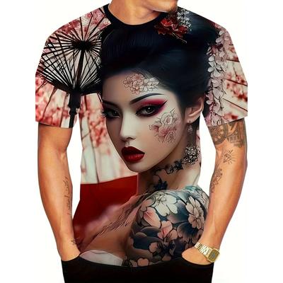 Round Neck 3D Japanese Geisha Printed Casual Long Sleeved Men's T-shirts - Soft Medium Stretch Polyester Fabric Summer  Relaxed Fit Clothing