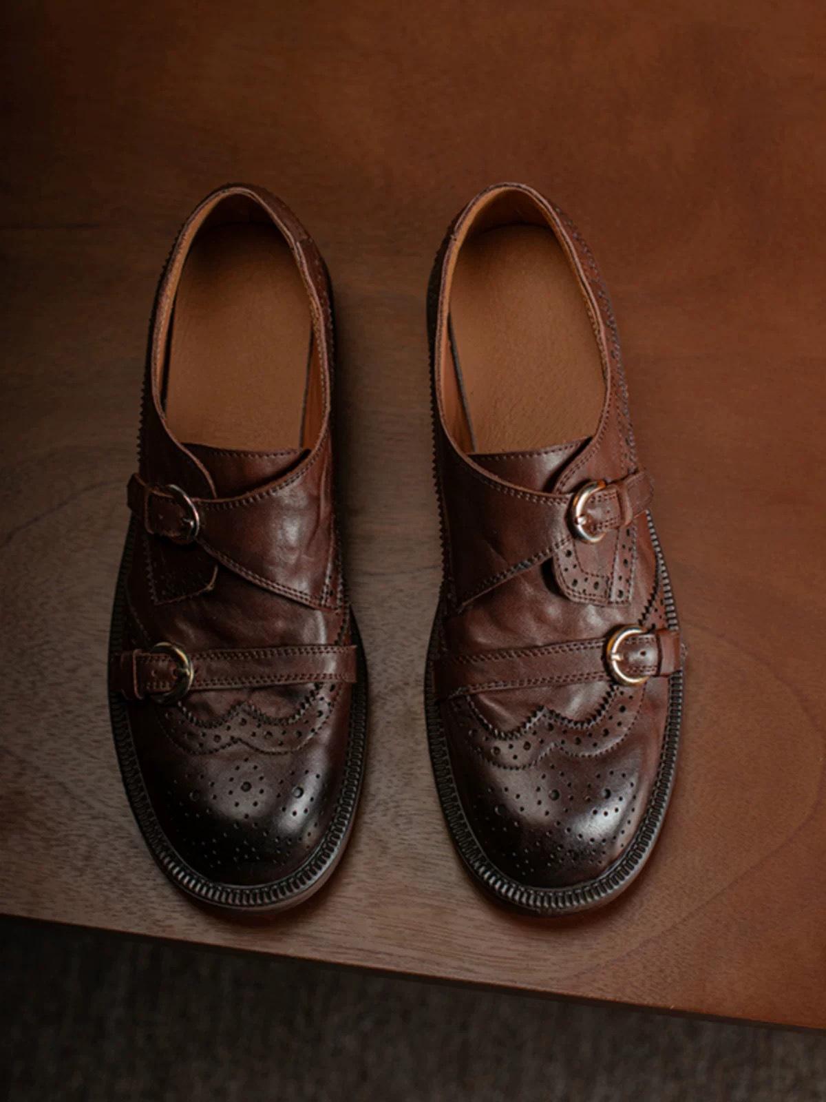 

Leather retro Brock carved small leather shoes women s shoes thick heel thick sole round head one pedal loafers commuter shoes 40 коричневый