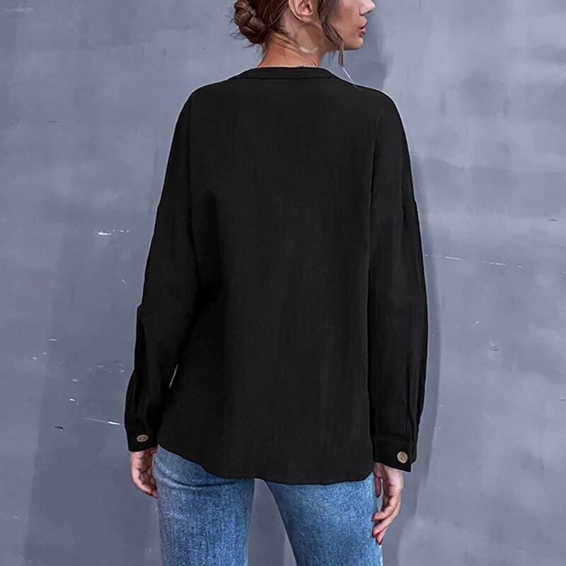 Solid Color Button Front Autumn Long Sleeve Stand Collar Loose Fit Shirts for Women Single Breasted Blouse Top