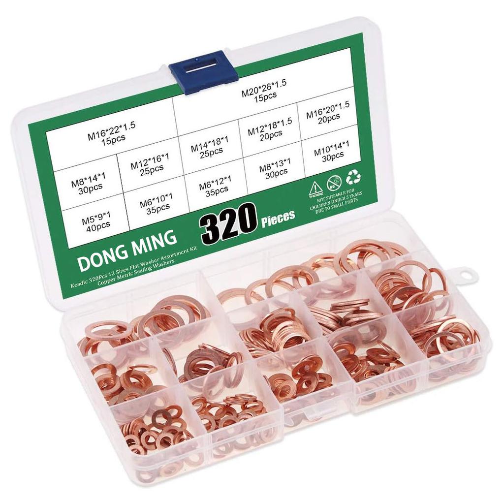 320Pcs Red Copper Flat Gasket Set M5-M20 Red Copper Sealing Flat Gasket O-type Gasket Pure Copper Flat Gasket Box