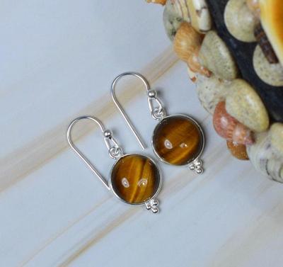 Tiger Eye Gemstone Women Earring, Boho Earring, Round Stone Earring, Gift For Her, 925 Sterling Silver Earring