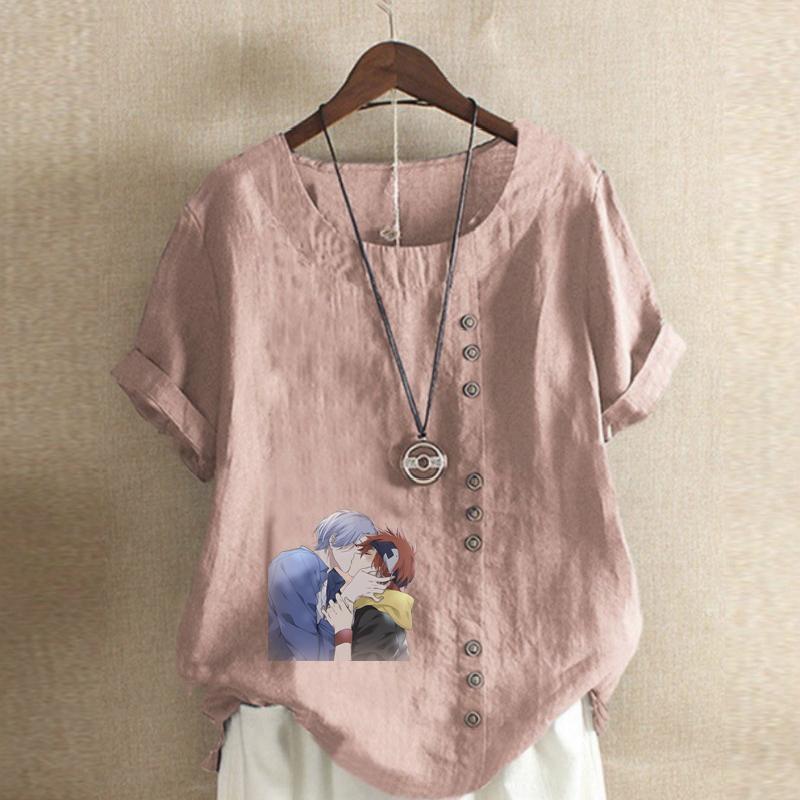 Moda Donna Maglietta Manica Corta Girocollo Stampata Coppia Carina Casual Cotone Lino Maglietta Grafica Tempo Libero Ampia Blusa Estiva Top