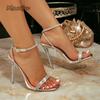 Elegant Women High Heel Sandals Silver Crystal Ankle Strap Square Toe Summer Footwear Ladies Party Dress Shoes Zapatos De Mujer