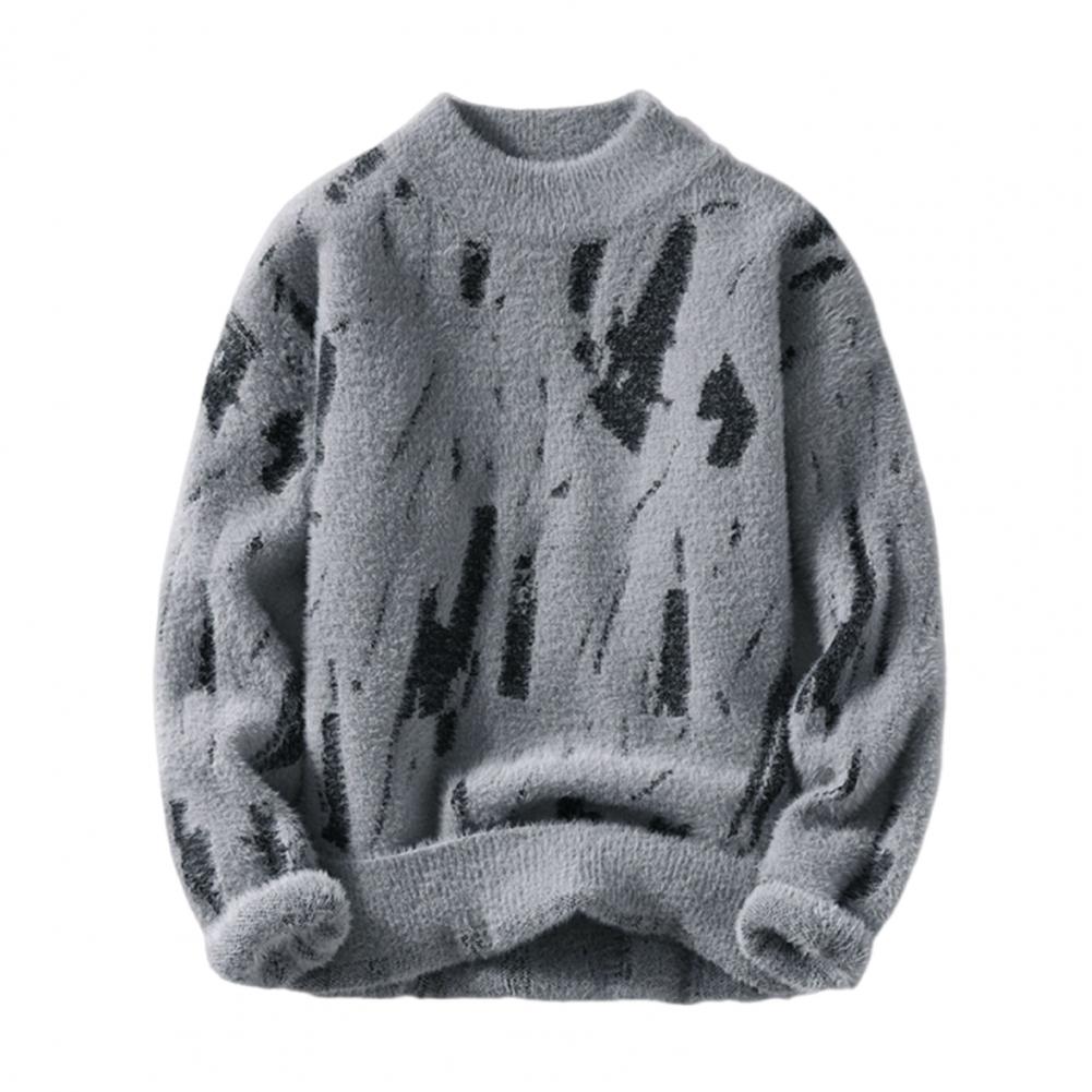 Men Winter Sweater Contrast Color Graffiti Thick Plush Half-high Collar Elastic Knit Long Sleeves Daily Wear School Dating Sweat