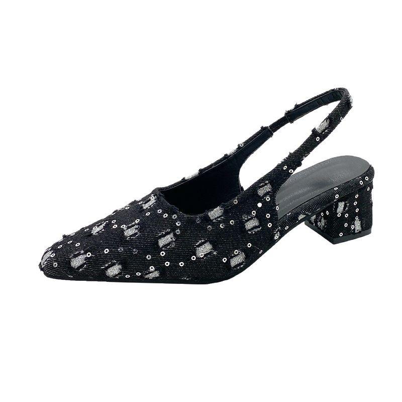 2025 Spring and Autumn New Niche Design Denim Back Empty High Heels Pointed Head Shallow Mouth Single Shoes Thin Heel Bag Head