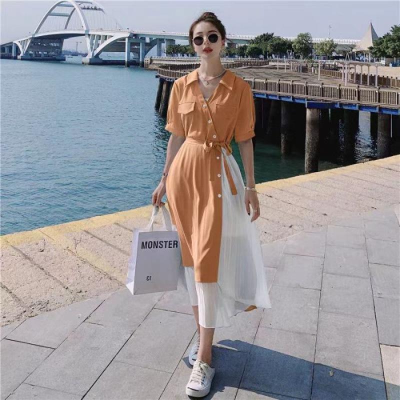 

Summer skirt women s fake two-piece short-sleeved dress long meat-covering long dress waist dress women 4XL