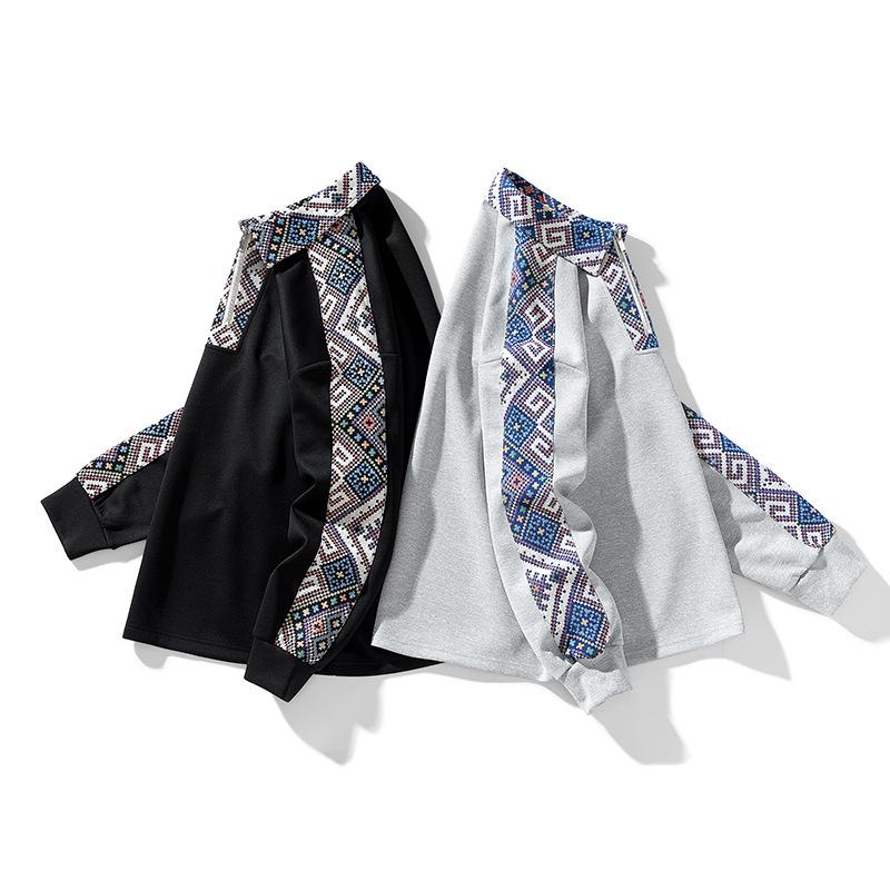 Jacquard Patchwork Polo Collar Hoodie for Couples, Versatile Pullover Top Long-sleeved Sweatshirt