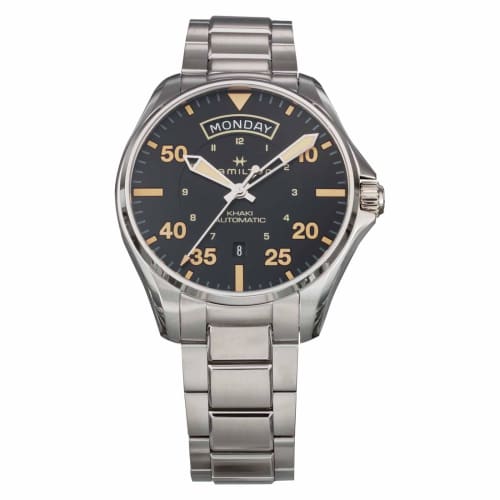 Hamilton Khaki Aviation Pilot Day Date Automatic Watch, 42mm, Swiss Brand, Men's, Silver, Black Dial, Stainless Steel, Sapphire Crystal, H64645131