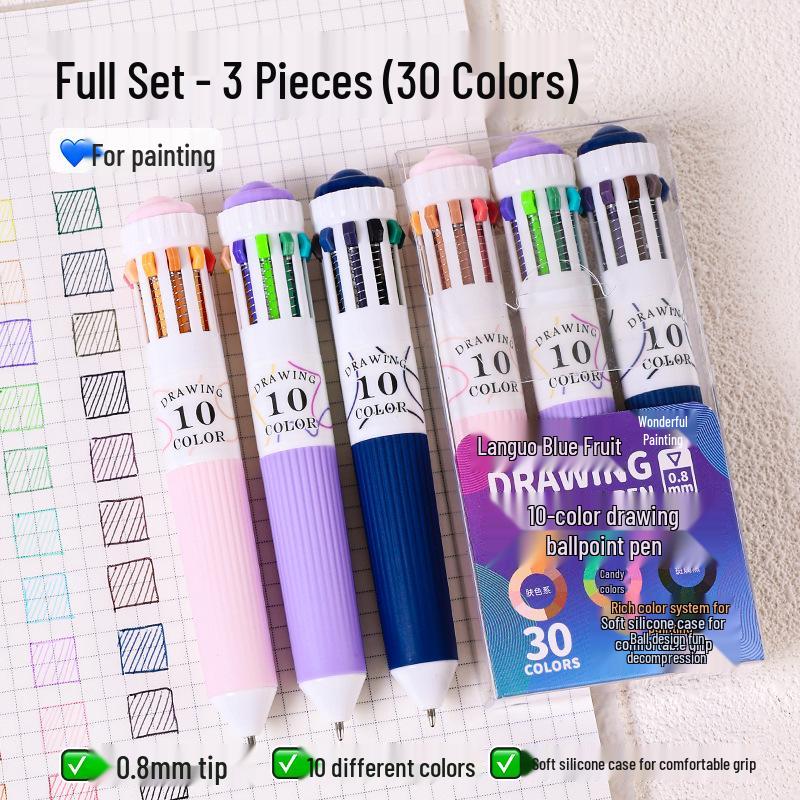 Blue Fruit 60-Color Press-Type Multicolor Ballpoint Pen Set – Ten-Color All-in-One Multifunctional Journal Pen.
