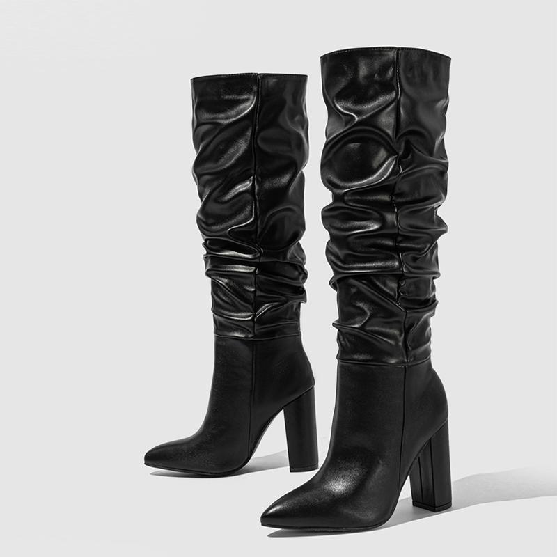 Fashion Liyke Sexy Pointed Toe Motorcycle Knee High Boots Women Black Pleated Leather Square High Heels Party Stripper Shoes Booties