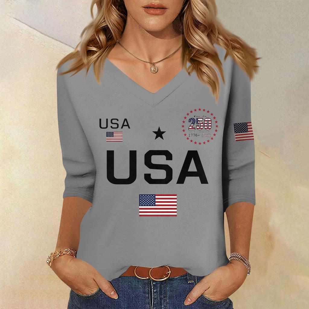 Damen T-Shirt Print 3/4 Ärmel Alltag Wochenendmode Basic V-Ausschnitt Normales Oberteil