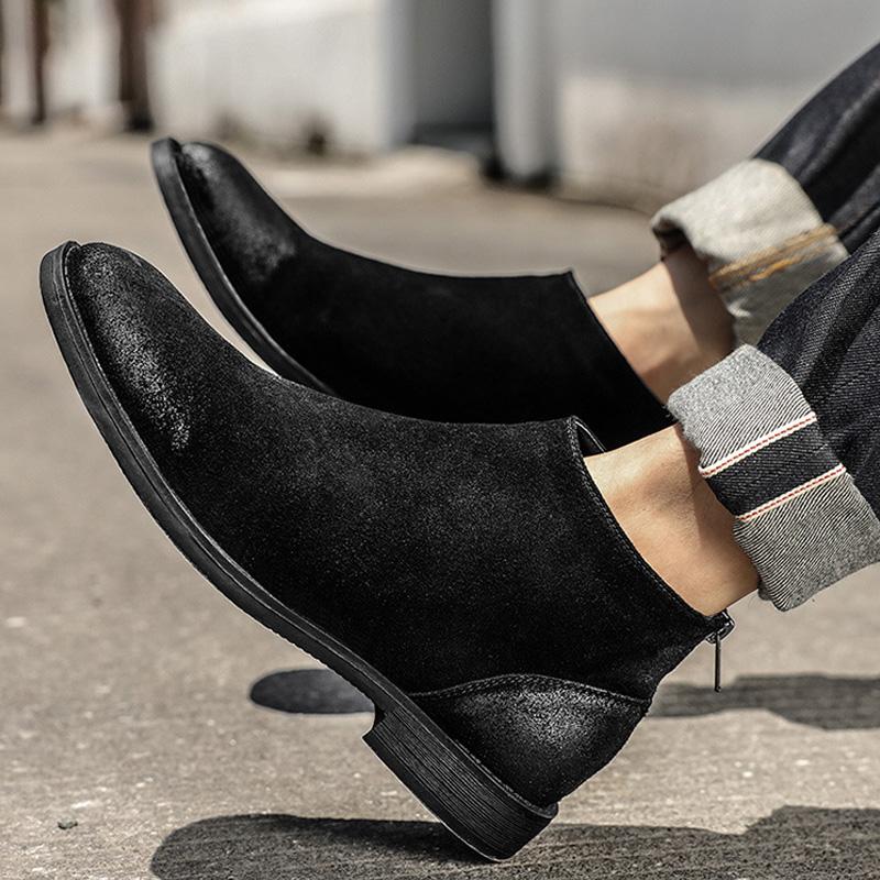 New Vintage British Handmade Men Real Leather Shoes Zipper Designer Cow Suede Ankle Boots Cowboy Boots Work Chelsea Boots