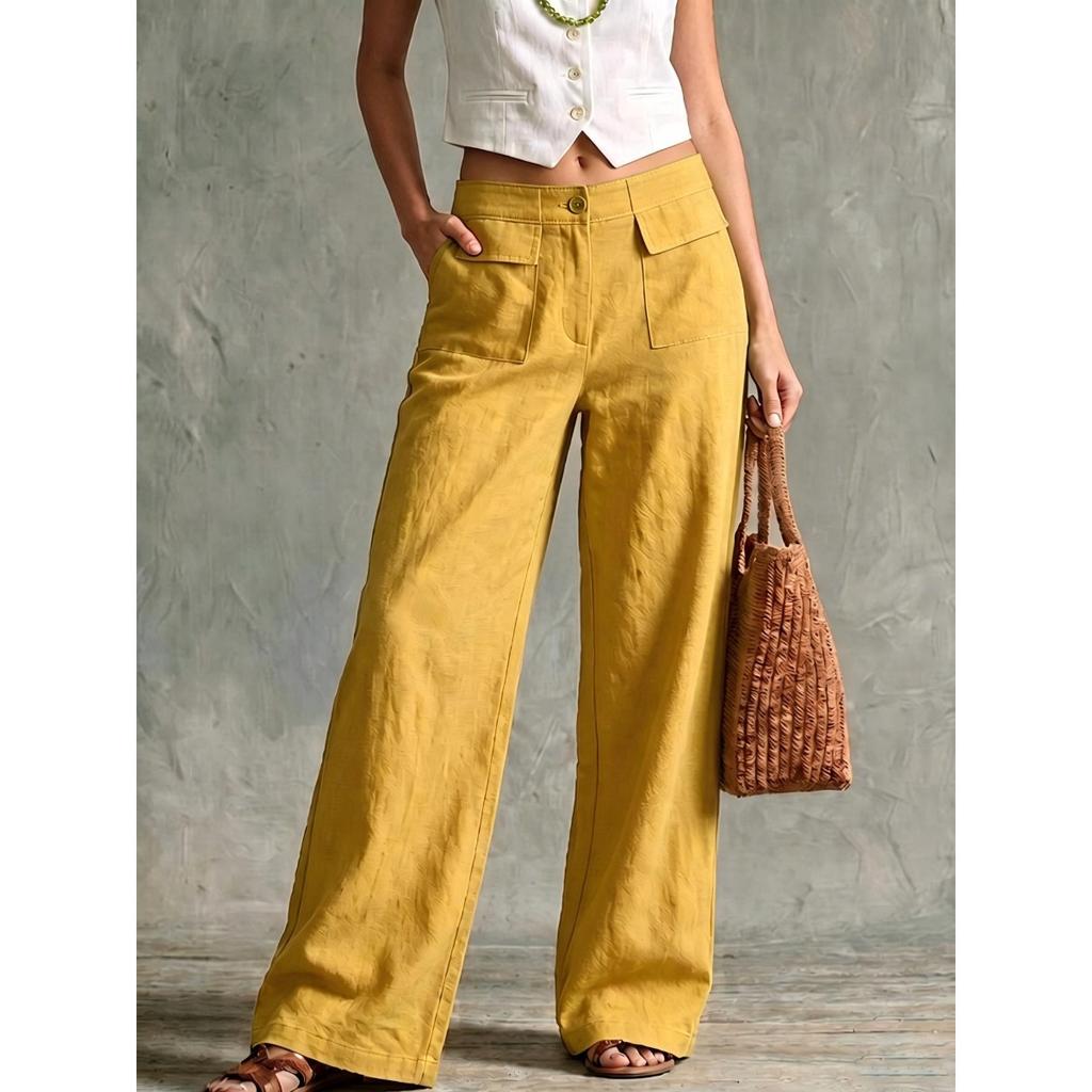 Women's High Rise Wide Leg Pants Loose Fit Solid Color Linen Palazzo Trousers Casual Commute Straight Leg Pants