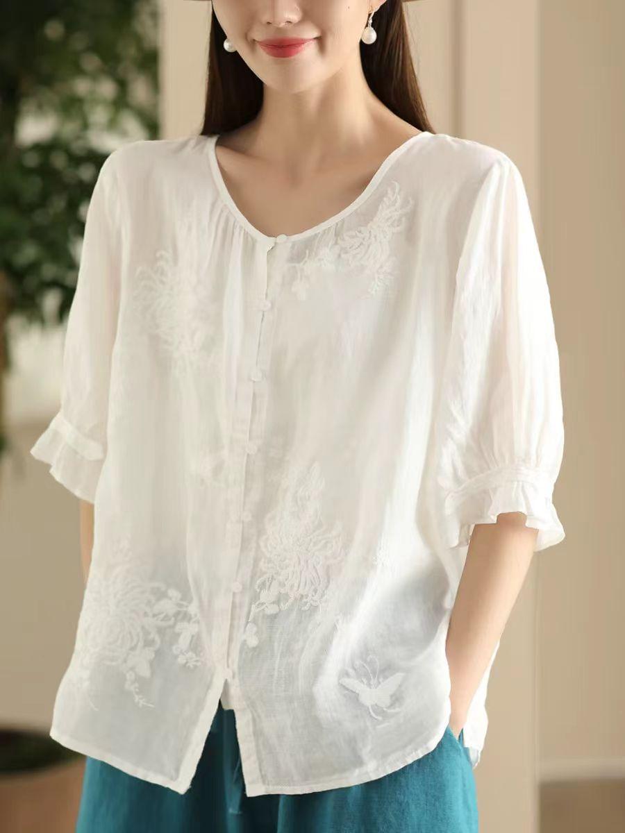 

Johnature Женские рубашки с вышивкой в китайском стиле с цветочным принтом, топы с круглым вырезом и коротким рукавом, летние свободные однотонные рубашки One Size белый