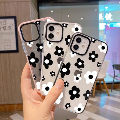 Simple Ins Black and White Flower Summer Mobile Phone Case Apple 14Pro Anti-drop Transparent Case iPhone17 Soft Case Protection